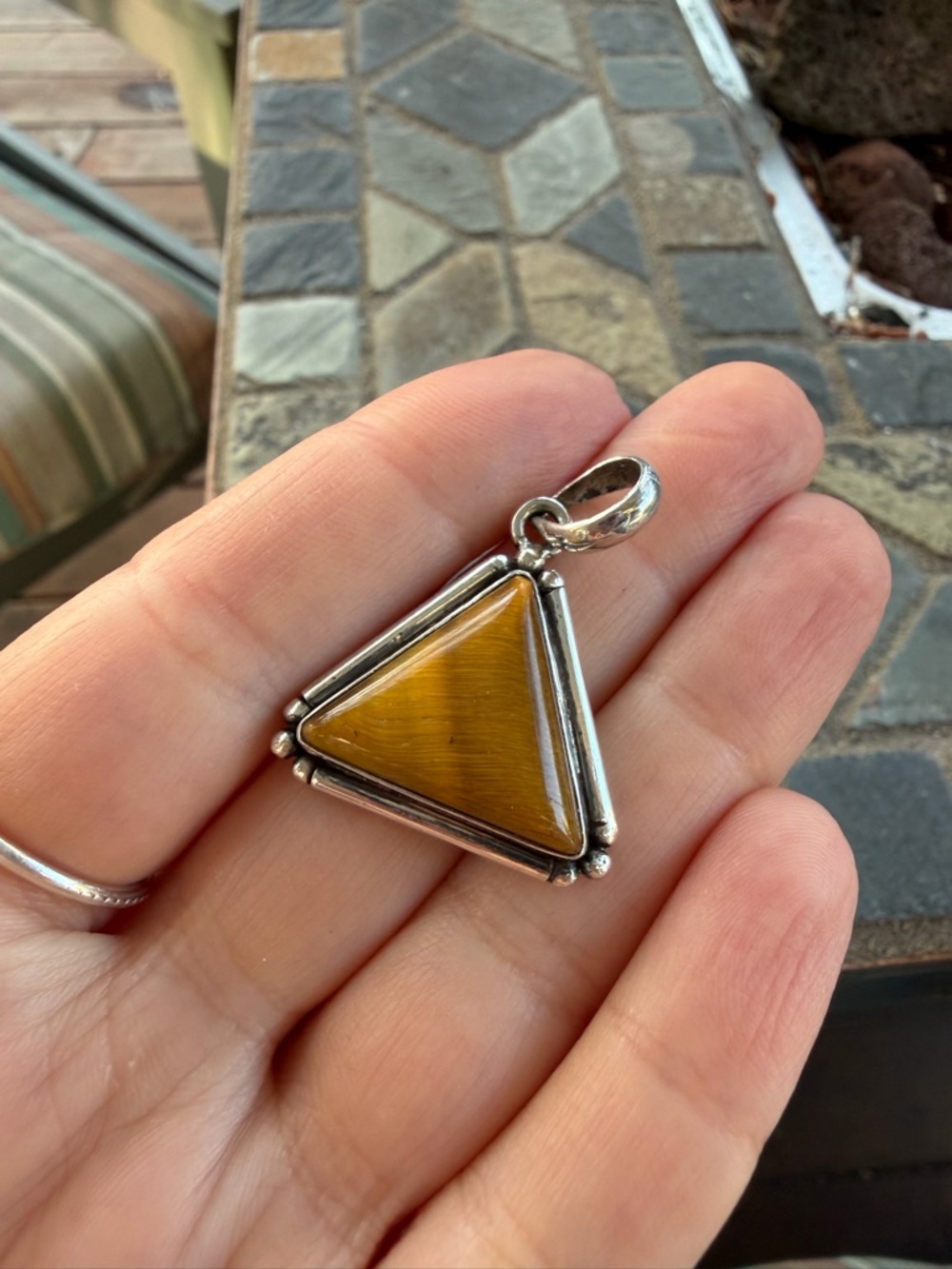 Vintage 925 Sterling Silver Tiger Eye Triangle Pendant - Picture 6 of 7